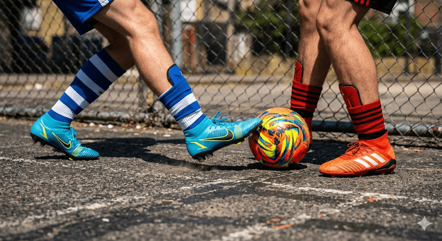 Football boots competing for ball, close-up action shot